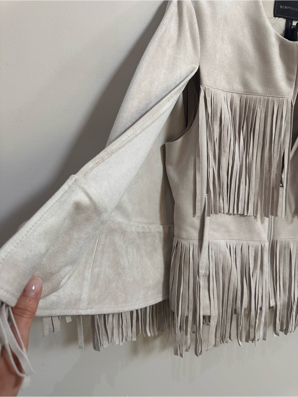 BCBGMaxAzria Light Beige Suede Fringe Jacket and Skirt Set - Picture 2 of 9